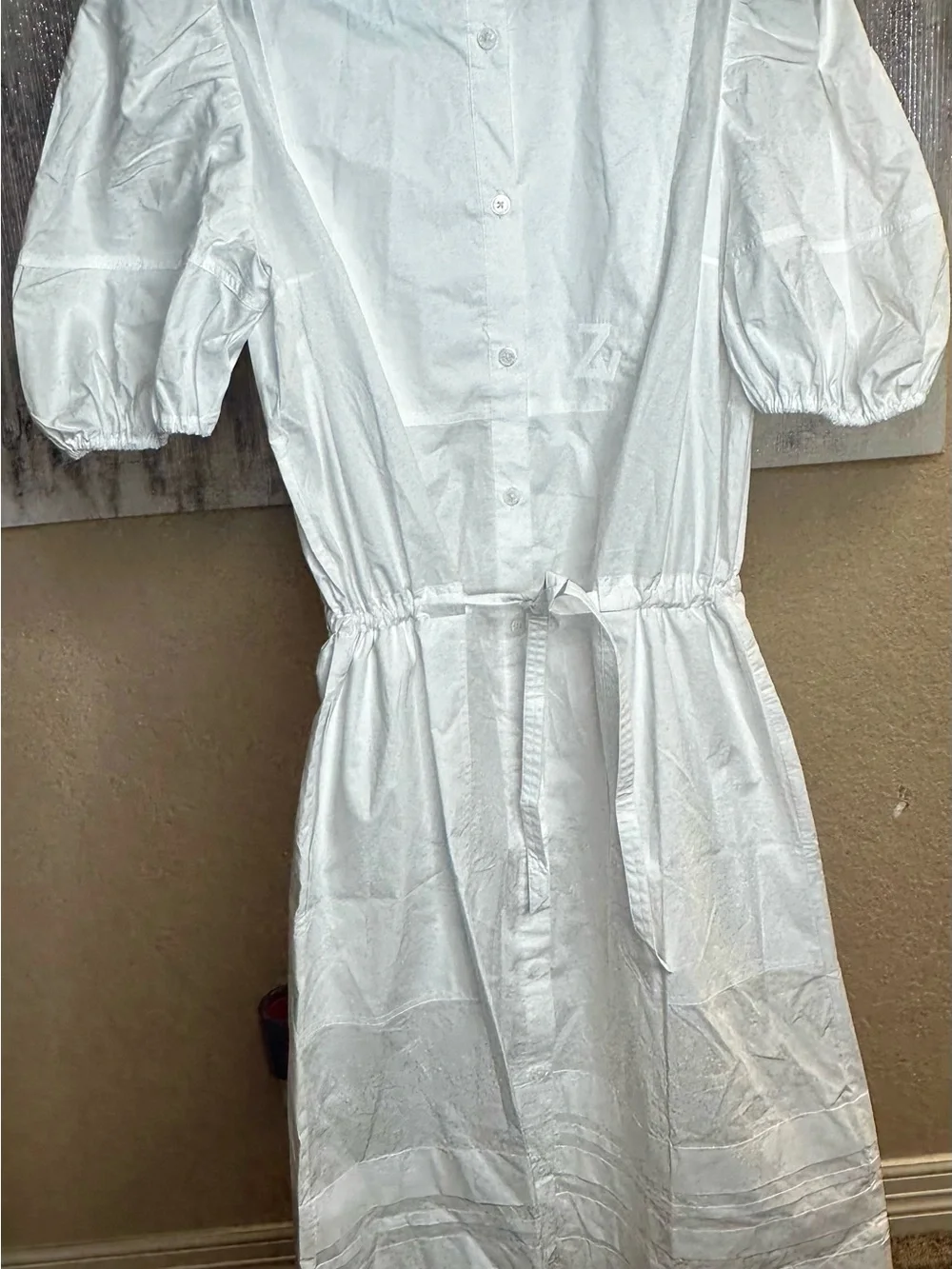 Zadig & Voltaire White Button-Front Midi Dress with Puff Sleeves
